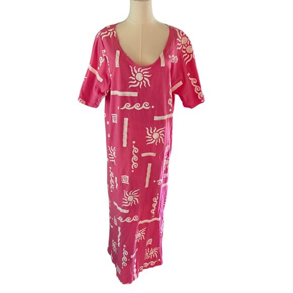 Vintage Cotton Connection Pink Sun Print Maxi Shirt Dress XL Artsy Unique Retro - Picture 1 of 9